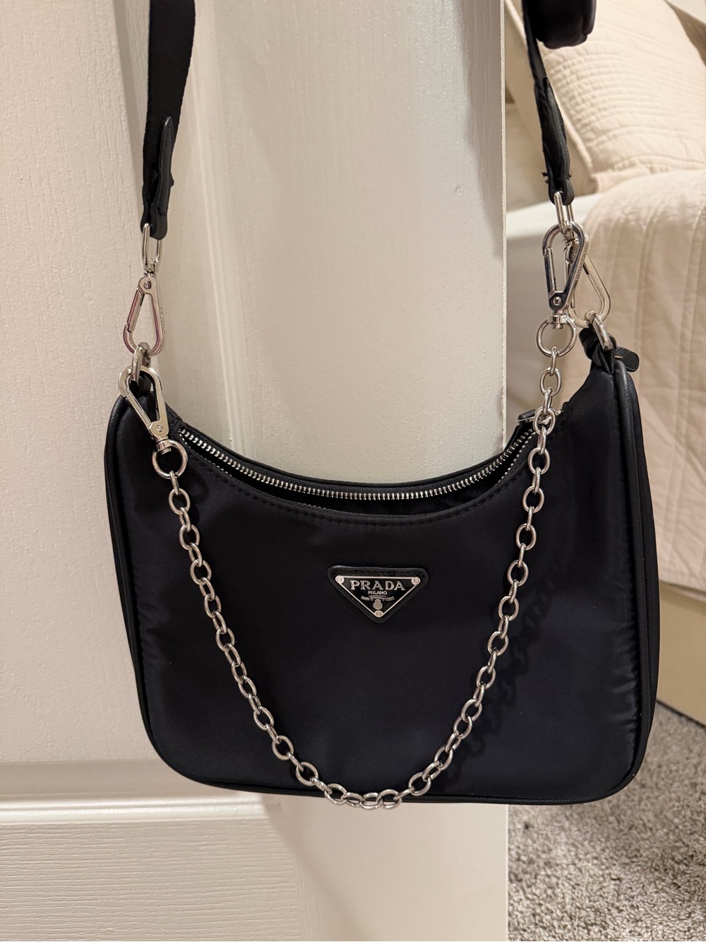 Prada Black Nylon Shoulder Bag with Silver Chain